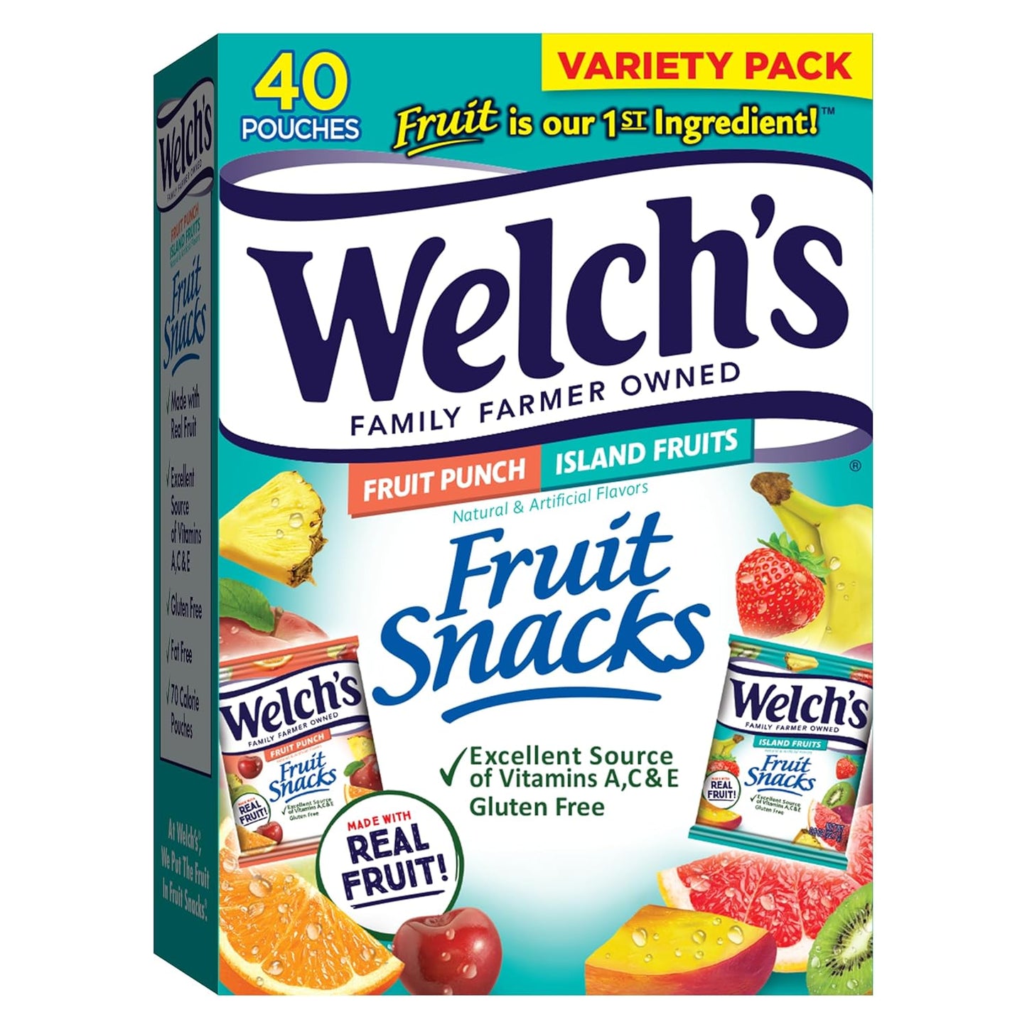 Welch's Fruit Snacks, Fruit Punch & Island Fruits, Individual Single Serve 0.8 oz bags (Pack of 40)