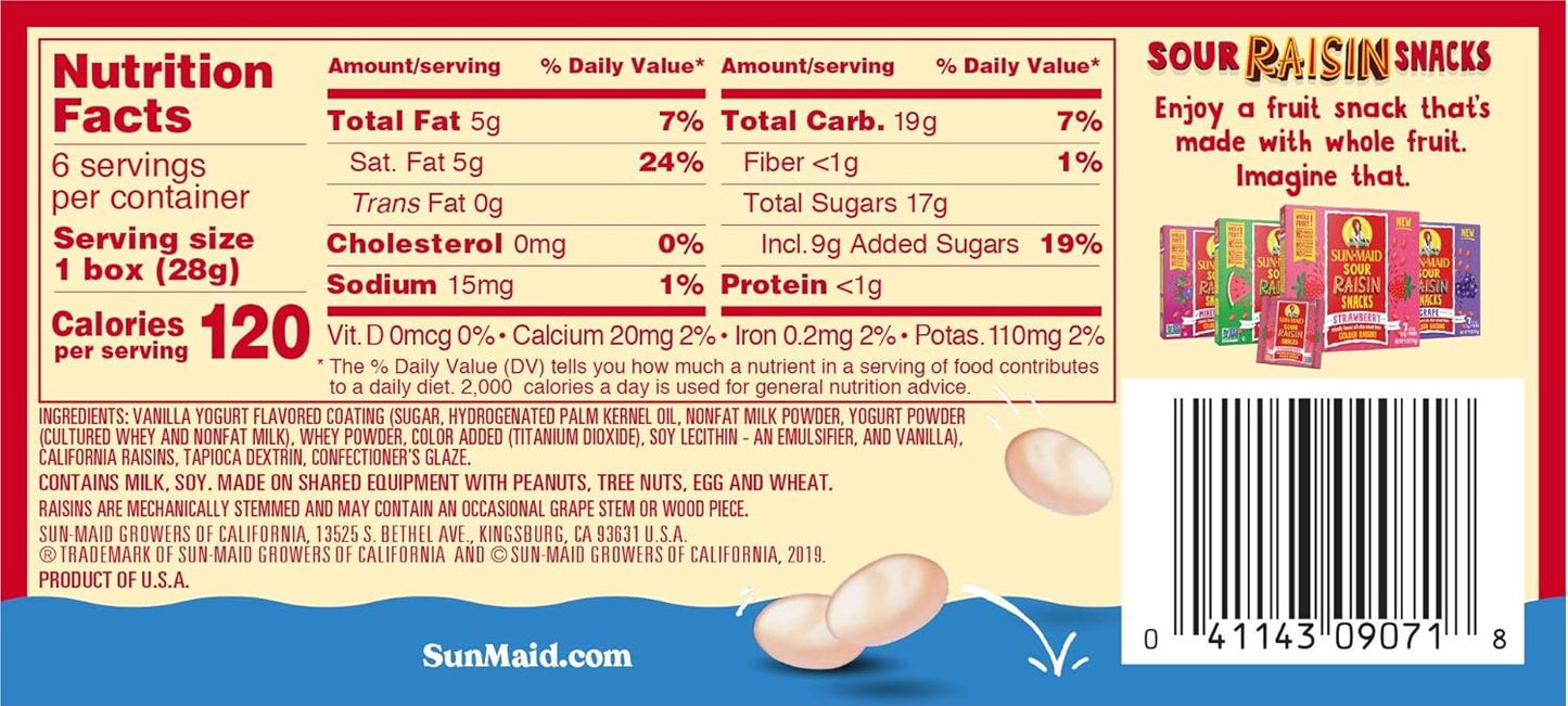 Sun-Maid Vanilla Yogurt Coated Raisins - (6 Pack) 1 oz Snack-Size Box - Yogurt Covered Dried Fruit for Lunches and Back To School Snacks