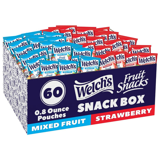 Welch's Fruit Snacks, Mixed Fruit & Strawberry Snack Box, Gluten Free, 0.8oz Snack Packs (Pack of 60)