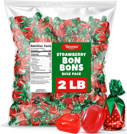 Strawberry Filled Hard Candy Bon Bons 2 lbs Bulk Pack - Individually Wrapped Christmas Fruit-Filled Candy, Classic Strawberry Hard Candy for Holiday Treats, Parties, and Snacks