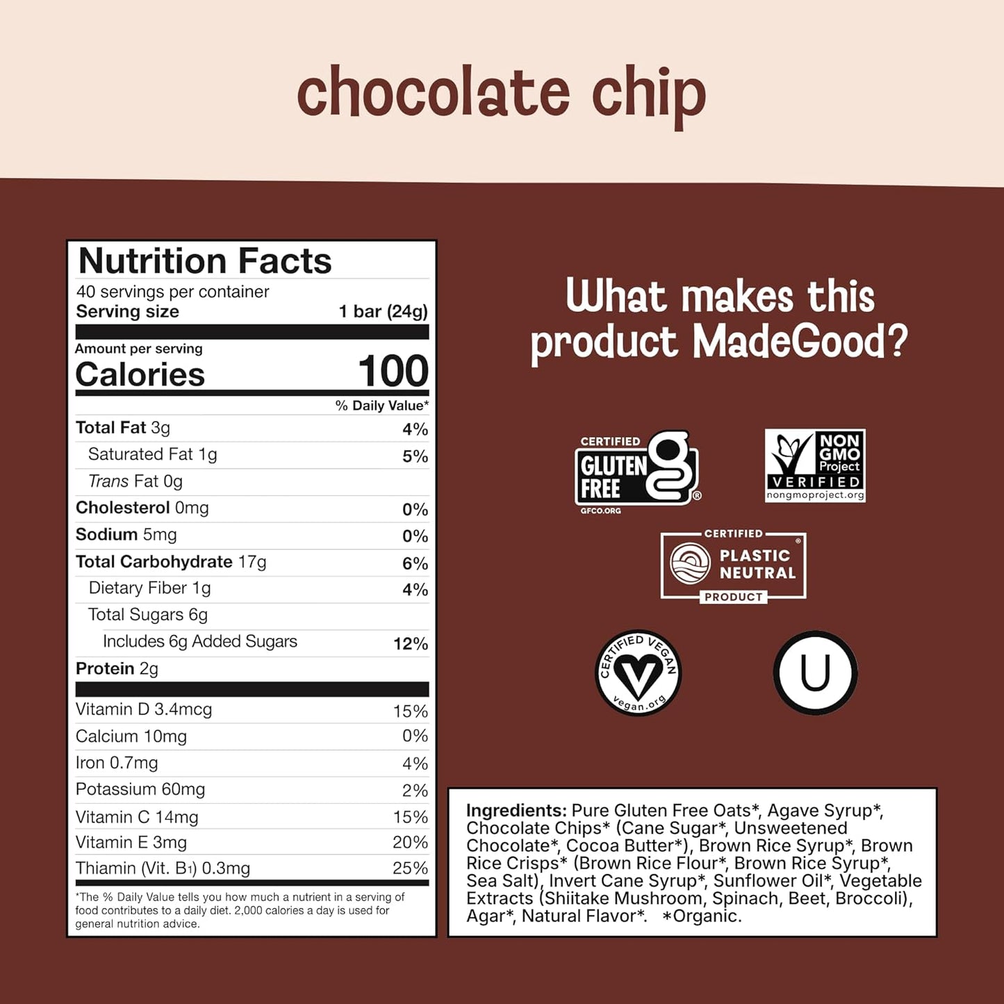 MadeGood Chocolate Chip Granola Bars, 40 Count (0.85oz Each) Contains Nutrients from Vegetables, Gluten Free Snacks