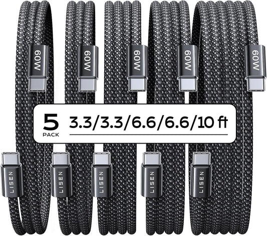 LISEN USB C to USB C Cable, 5-Pack [3.3/3.3/6.6/6.6/10FT] for iPhone 17 Charger Cord, 60W C to C Cable Fast Charging for iPad, iPhone 17 Air 16 15 Pro Max, Samsung Z Flip 7/S25/S24 USBC to USBC Cable
