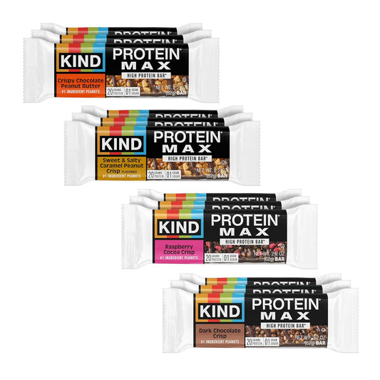 KIND Protein MAX Bars Variety Pack, Gluten Free, Low Sugar, High Fiber Snacks, Crispy Chocolate Peanut Butter, Sweet & Salty Caramel Peanut, Raspberry Cocoa, Dark Chocolate, 20g Protein, 12 Count