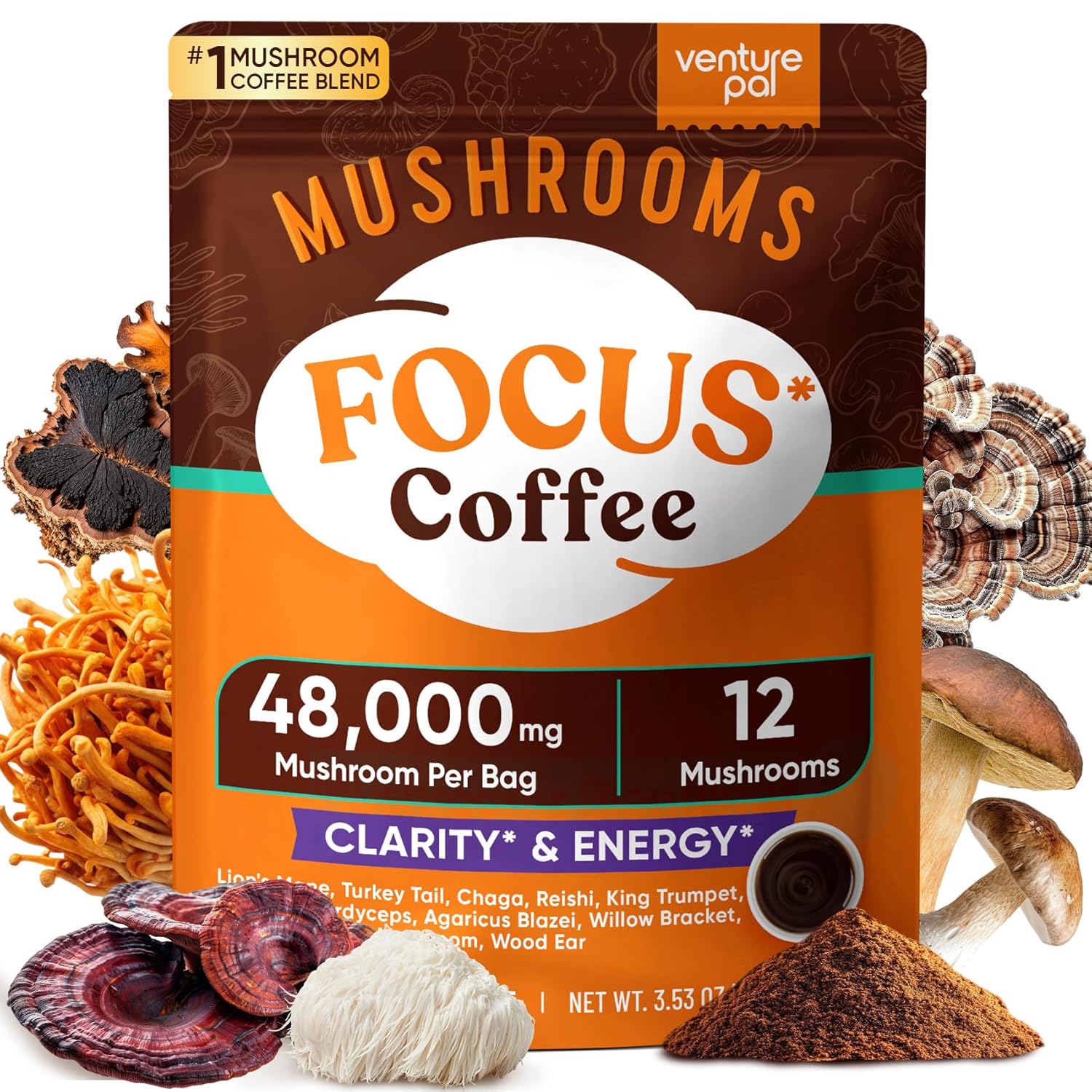 Venture Pal 48000mg Mushroom Coffee with 12 Adaptogenic Mushrooms, Lion's Mane, Cordyceps, Turkey tail, Reishi, Ashwagandha & Probiotics, Instant Coffee for Focus, Digestion & Immunity, 40 Servings