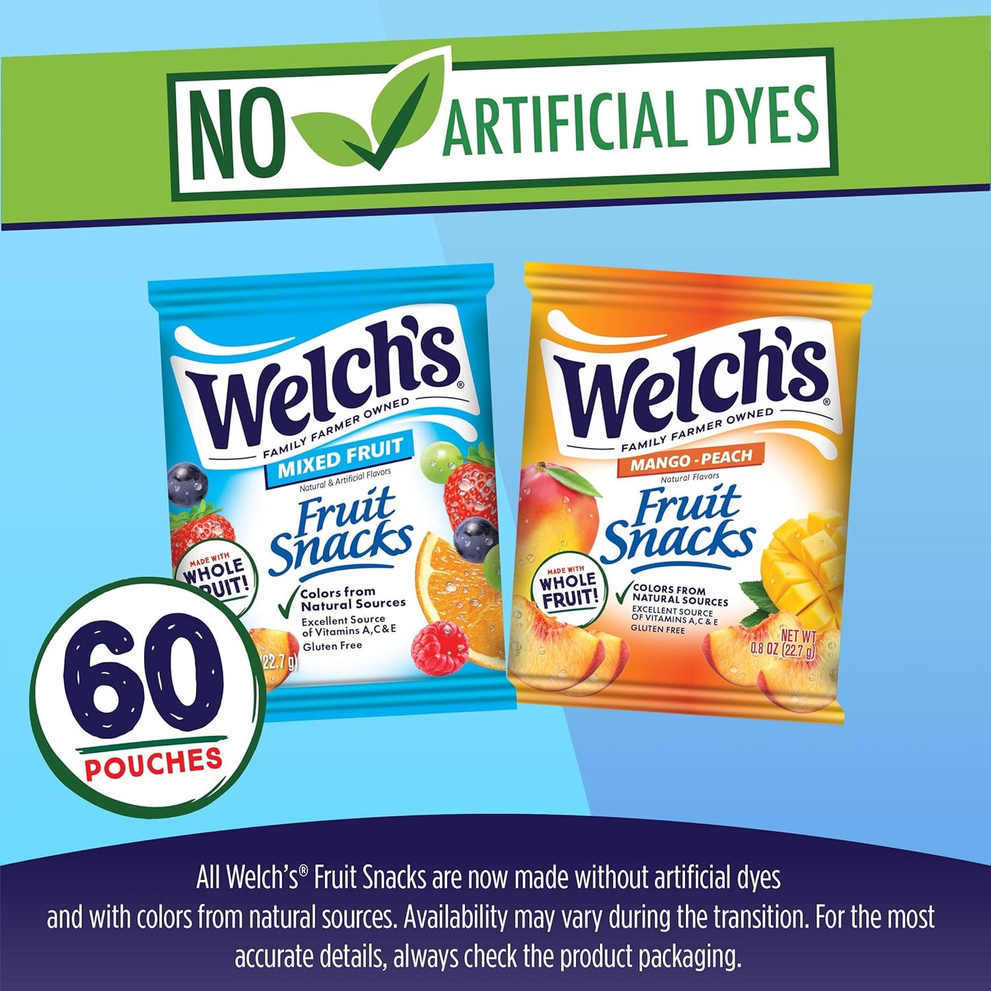 Welch's Fruit Snacks, Mixed Fruit & Mango Peach Snack Box, Gluten Free, 0.8oz Snack Packs (Pack of 60)