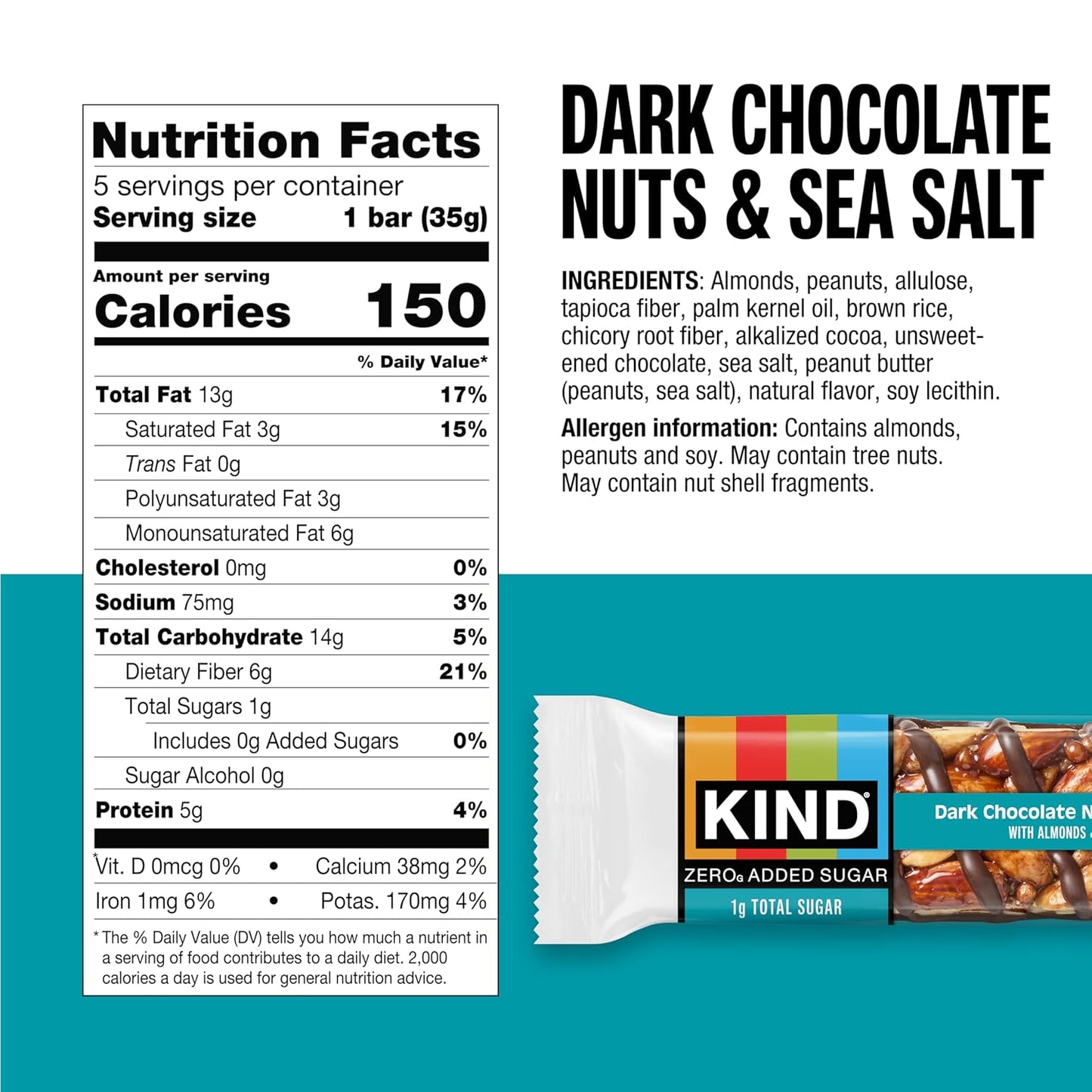 Kind Zero Added Sugar Healthy Snacks Bars, Dark Chocolate Nuts & Sea Salt, Gluten Free, High Fiber, Keto Snacks, 5g Protein, 5 Count