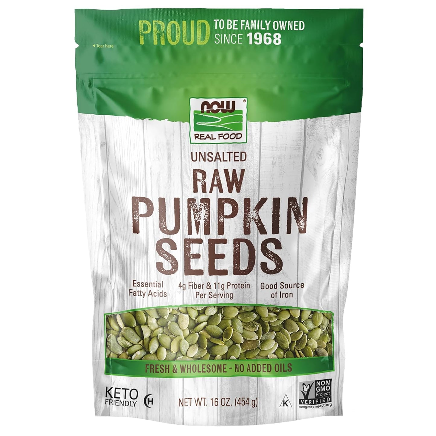 NOW Foods, Pumpkin Seeds, Raw and Unsalted, Essential Fatty Acids, Rich in Iron, Excellent Source of Protein, Certified Non-GMO, 1-Pound (Packaging May Vary)