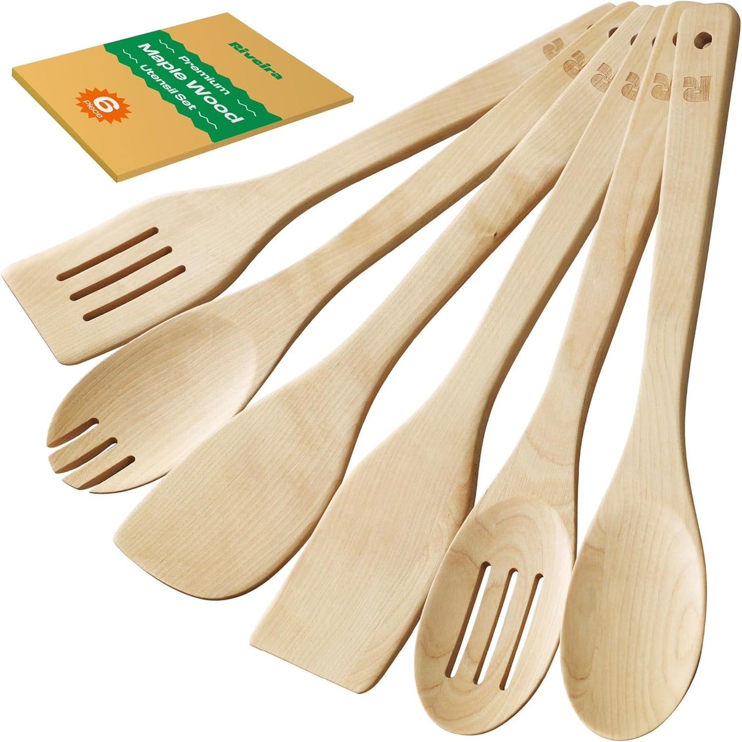 Riveira Bamboo Cooking Spoons 6-Piece – Wooden Cooking Utensils Set with Wooden Spoons for Cooking & Spatulas Wooden Utensil Sets – Premium Kitchen Utensils Set – Durable First Apartment Essentials