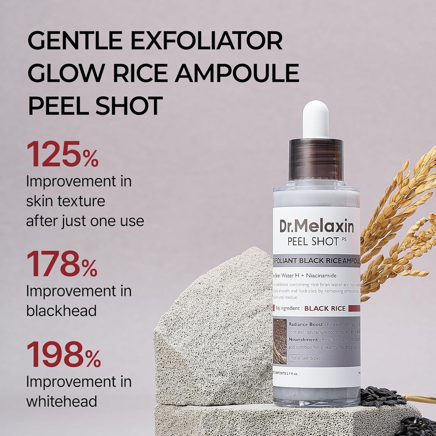 Dr.Melaxin Peel Shot Glow Black Rice Peeling Ampoule 80ml, Dead Skin Remover Gentle Exfoliating with Rice Water Extract, AHA BHA, Niacinamide, Daily Skin Texture, All Skin Types, Korean Skincare
