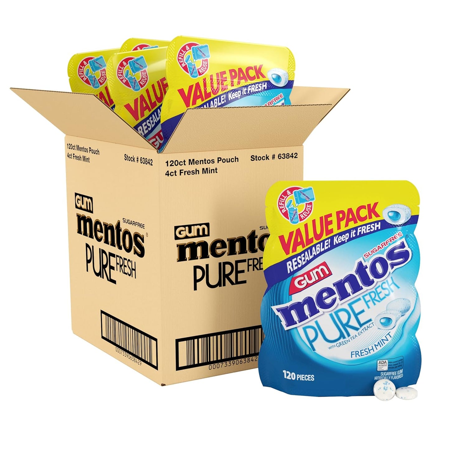 Mentos Pure White Sugar-Free Chewing Gum With Xylitol, Sweet Mint, 120 Piece Bulk Resealable Bag (Pack of 1)