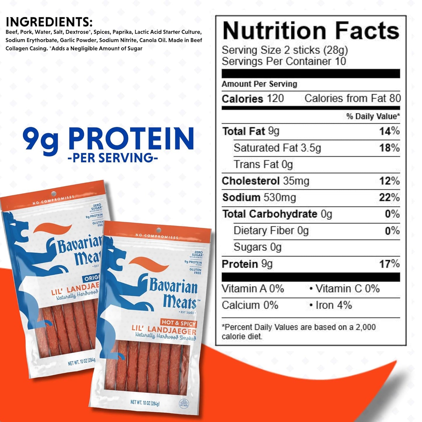 Bavarian Meats Lil' Landjaeger Meat Sticks, Smoked Sausage Protein Snacks, Zero Sugar, Great Source of Protein, Gluten Free, Keto Friendly Low Carb Snack, 10 Ounce