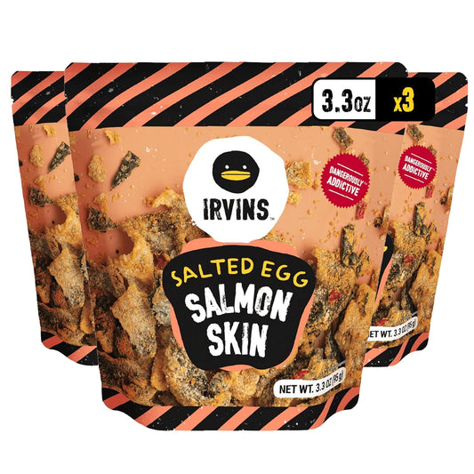 IRVINS Salted Egg Salmon Skin Chips & Crisps - Premium Hand Cooked, Halal, Keto-Friendly, High Protein Snack | Dangerously Addictive | (3.3 oz, Pack of 3)
