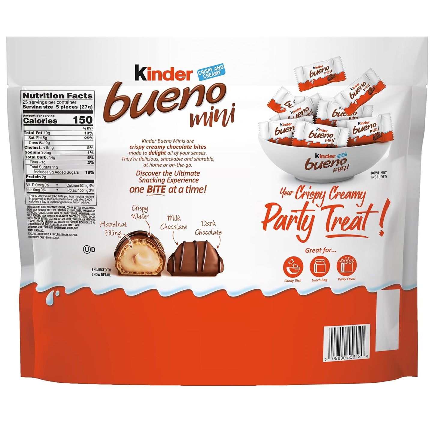 Kinder Bueno Mini Chocolate Bites with Crispy Wafer and Hazelnut Cream, Individually Wrapped, Party Pack, 23.8 oz