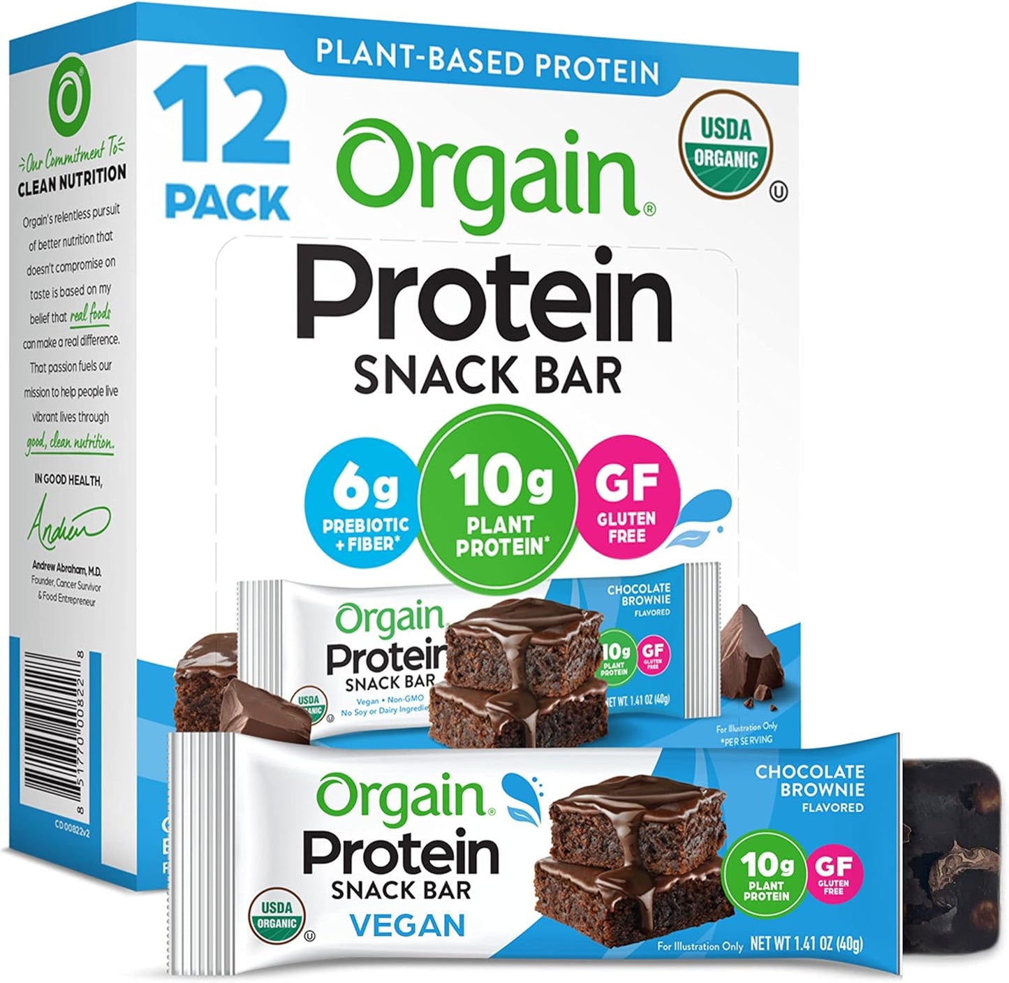 Orgain Organic Vegan Protein Bars, Peanut Butter Chocolate Chunk - 10g Plant Based Protein, Low Calorie Healthy Snacks, No Lactose or Soy Ingredients, Gluten Free, Non-GMO - 1.41 Oz (Pack of 12)