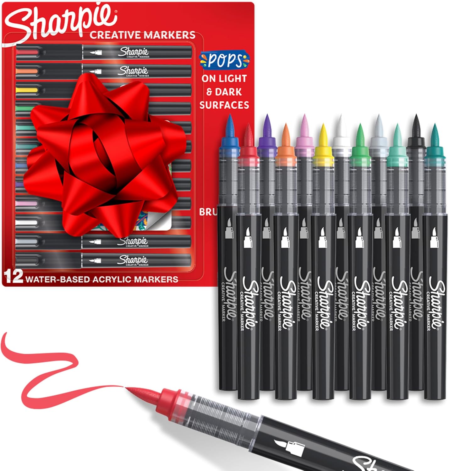 Sharpie Creative Markers, Water-Based Acrylic, Brush Tip, Assorted Colors, 12 Count – Arts & Crafts, Kids Activity, School Classroom; Works on Paper, Metal, Wood, Ceramic, Glass, Rock, Canvas