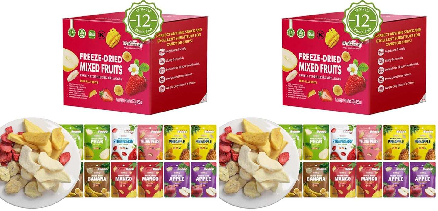 ONETANG Freeze-Dried Mixed Fruit, 12 Pack Single-Serve Pack, Non GMO, Kosher, No Add Sugar, Gluten free, Vegan, Holiday Gifts, Healthy Snack 0.35 Oz