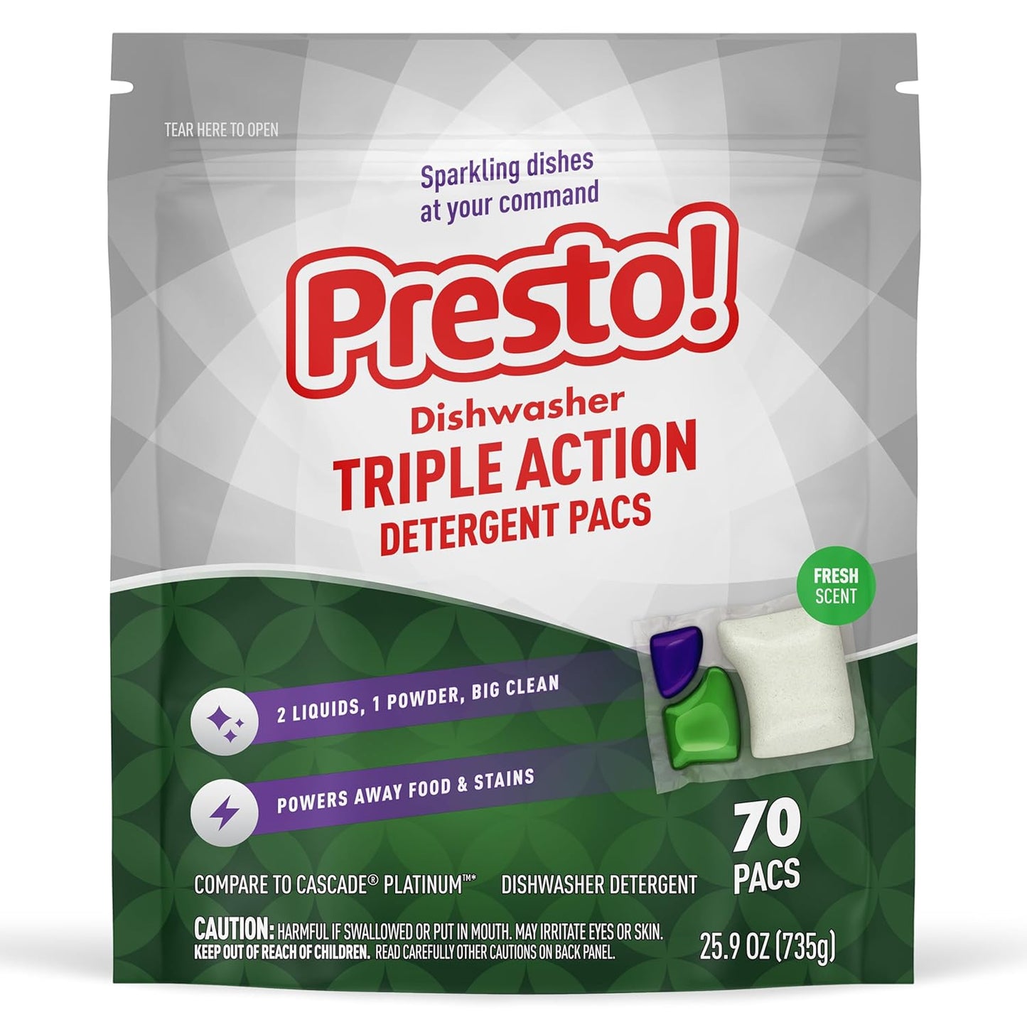 Presto! Triple Action Dishwasher Pacs, Anti-spotting, Fresh Scent, 70 Count