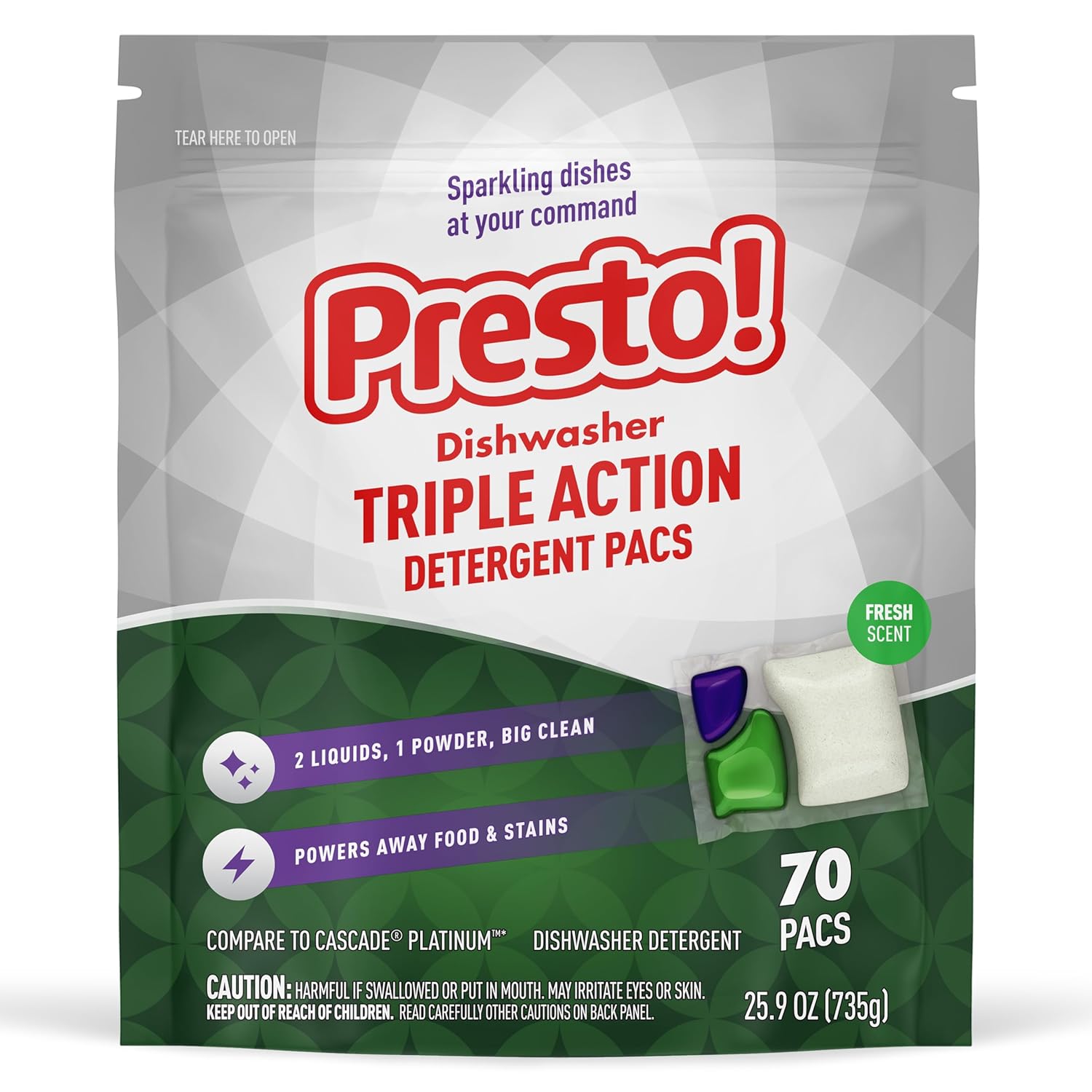 Presto! Triple Action Dishwasher Pacs, Anti-spotting, Fresh Scent, 70 Count