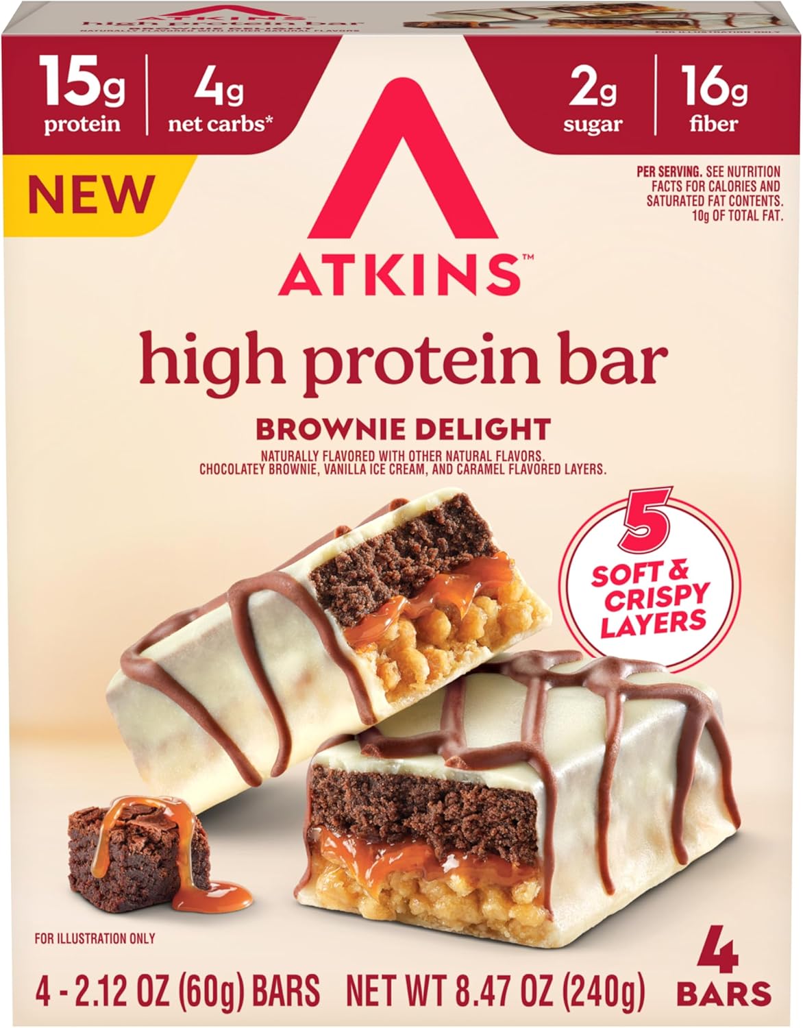 Atkins High Protein Bars, Cookie Fusion Flavor, 15g of Protein, 4g Net Carbs, Keto Protein Bars, Low Sugar, 4 Count