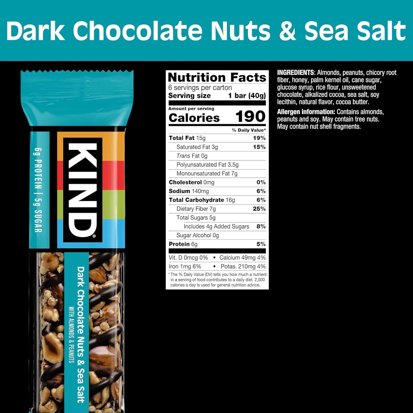 KIND Healthy Snacks Bars, Dark Chocolate Nuts & Sea Salt, Gluten Free, Low Sugar, High Fiber Snacks, 6g Protein, 6 Count