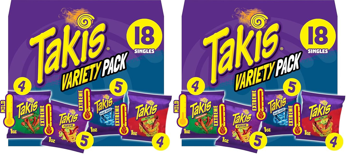 Takis 18 pc / 1 oz Variety Pack, Assorted Flavored Mixed Rolled Tortilla Chips – (5) Fuego, (5) Blue Heat, (4) Nitro, (4) Crunchy Fajitas