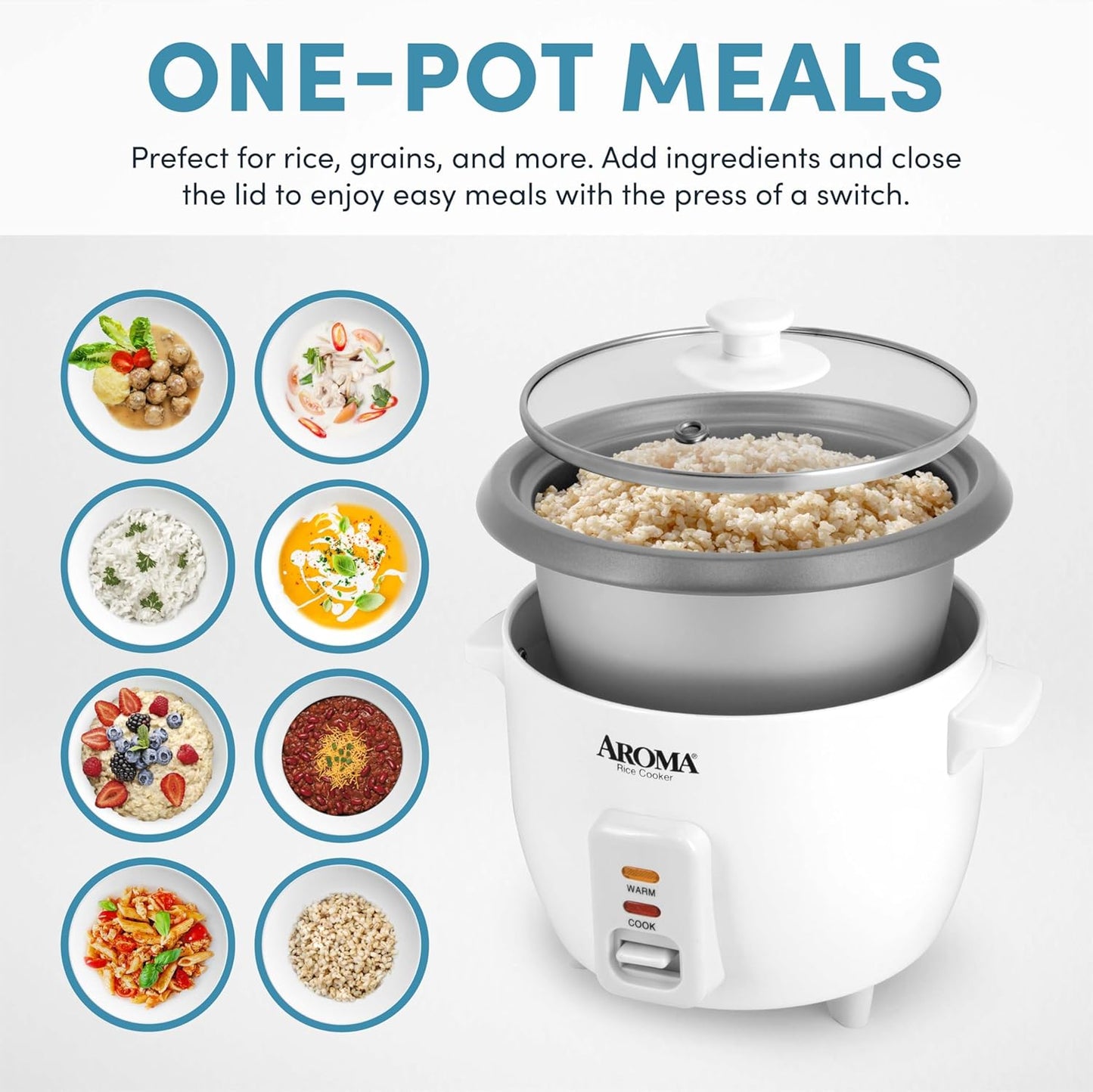 AROMA® Rice Cooker, 3-Cup (Uncooked) / 6-Cup (Cooked), Small Rice Cooker, Oatmeal Cooker, Soup Maker, Auto Keep Warm, 1.5 Qt, White, ARC-363NG