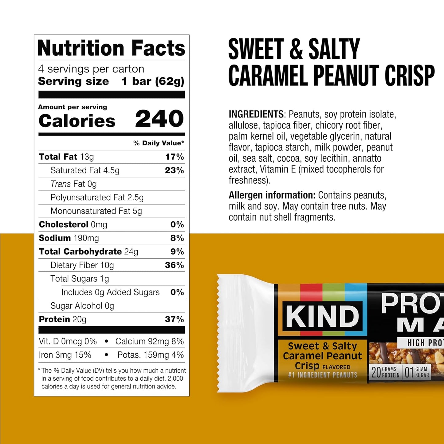 KIND Protein MAX Bars, Sweet & Salty Caramel Peanut Crisp, Gluten Free, Low Sugar, High Fiber Snacks, 20g Protein, 4 Count