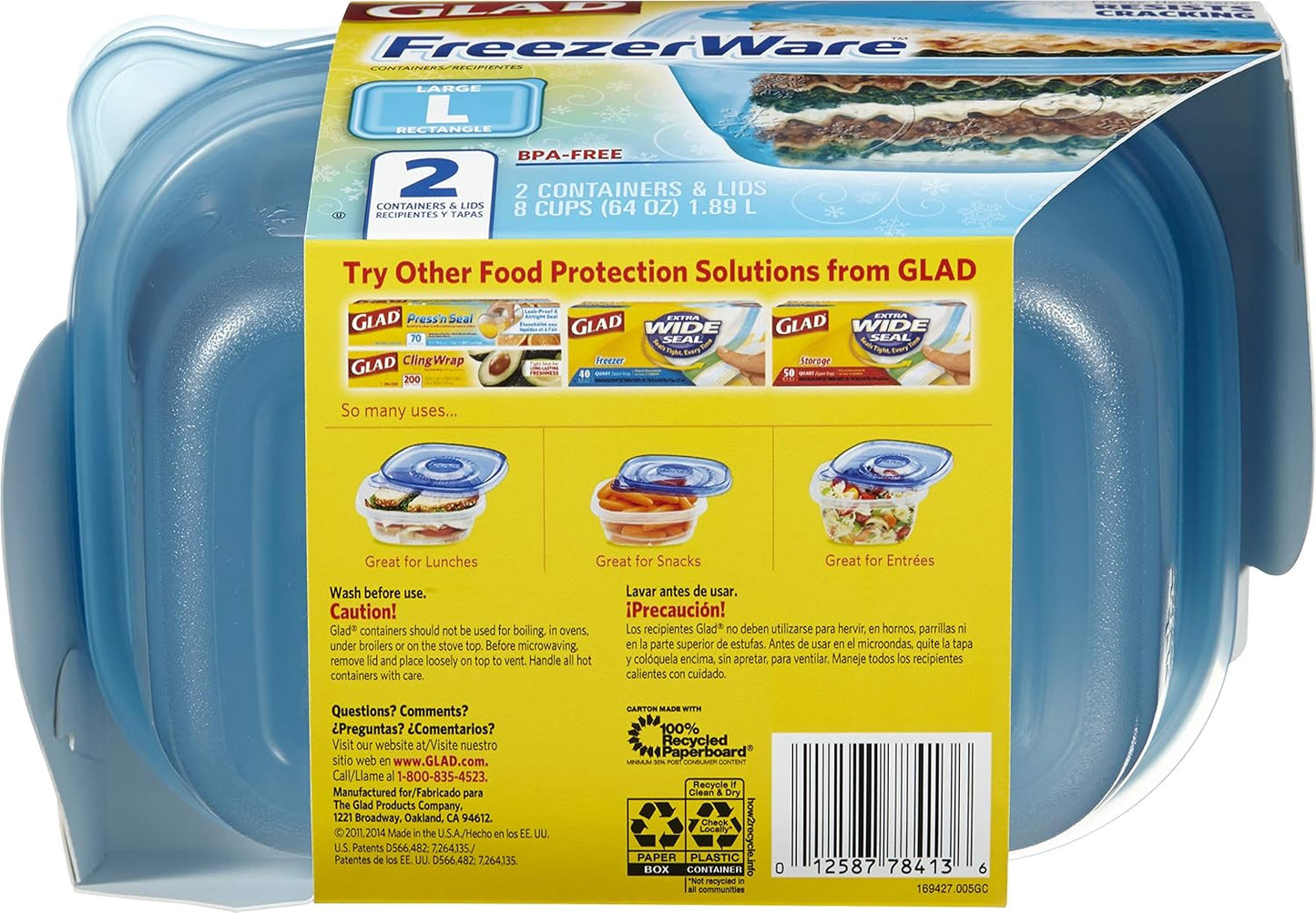 Gladware Freezerware Food Storage Containers, Large Rectangle Holds 64 Ounces of Food, 2 Count Set | Tupperware, Plastic Food Container, Meal Prep Container, Plastic Containers with Lids