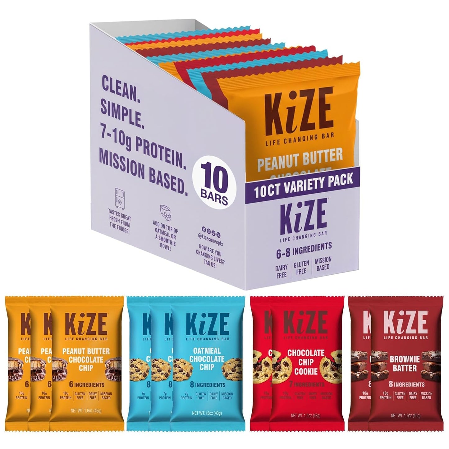 KiZE Energy Bars - Best Sellers Variety Pack - Gluten Free, Dairy Free Options, Non-GMO, and High Protein Meal Replacement Energy Bars, Clean and Simple Food Ingredients - 7-10g High Protein Snacks, (10 Count)