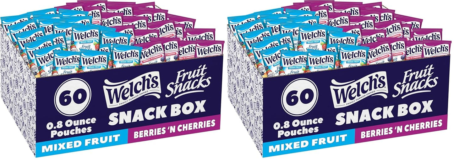 Welch's Fruit Snacks, Mixed Fruit & Berries 'N Cherries Snack Box, Gluten Free, 0.8oz Snack Packs (Pack of 60)
