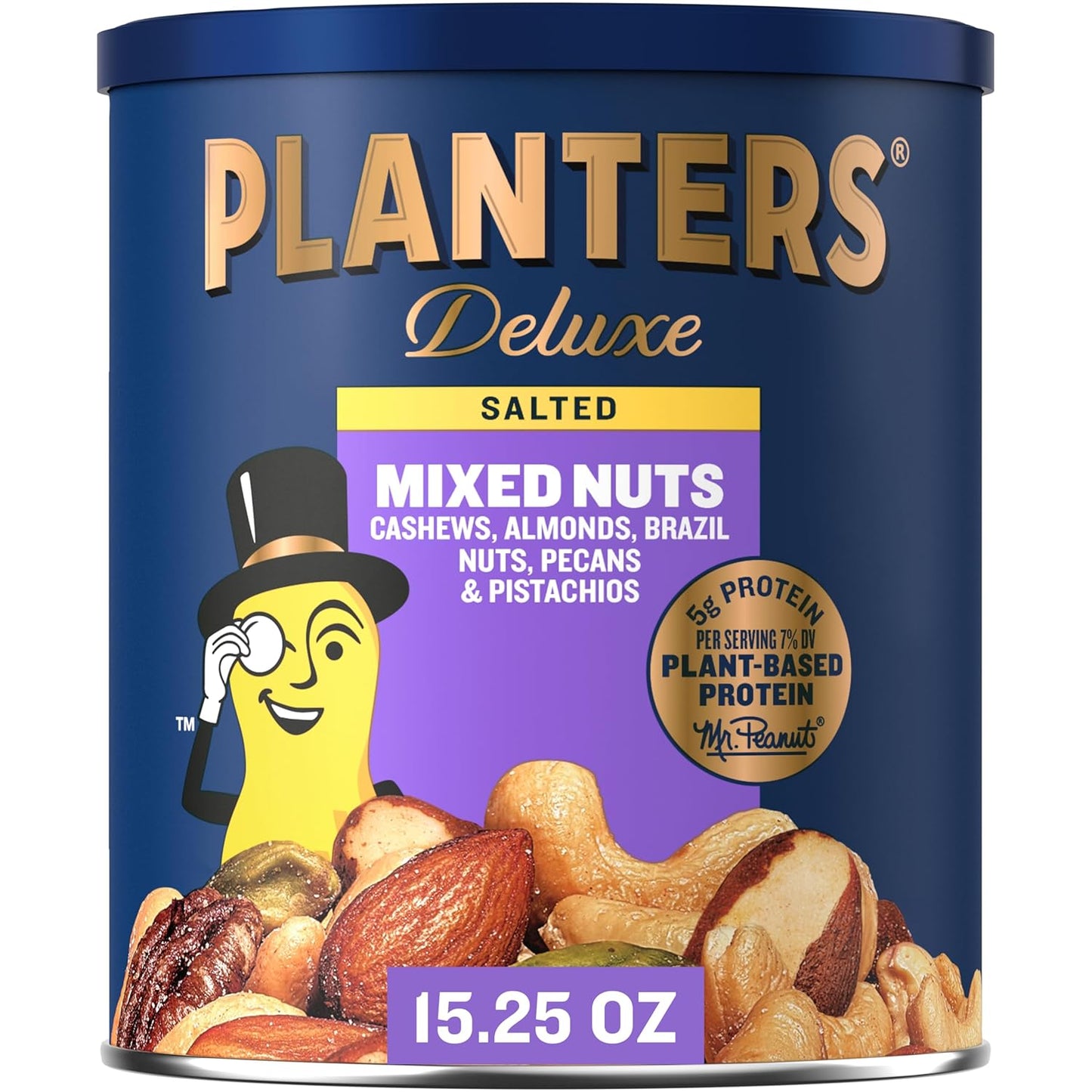 PLANTERS Deluxe Mixed Nuts, Cashews, Almonds, Brazil Nuts Mix, Pistachios, Pecans, Lightly Salted, Snacks for Adults and Kids, Party Snack, 15.25oz