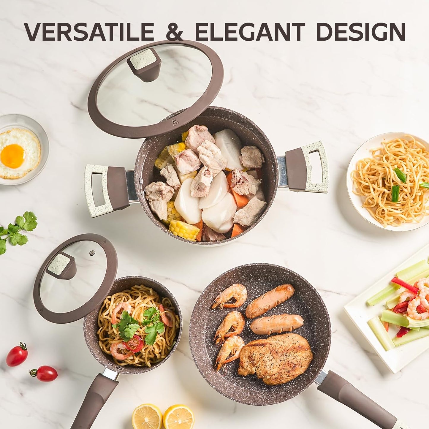 Pots and Pans Set Non Stick, 5Pcs Ceramic Cookware Set, Healthy Non-toxic Induction Cookware with Stay-Cool Handle, Basic Kitchen Utensils Set PFAS-Free