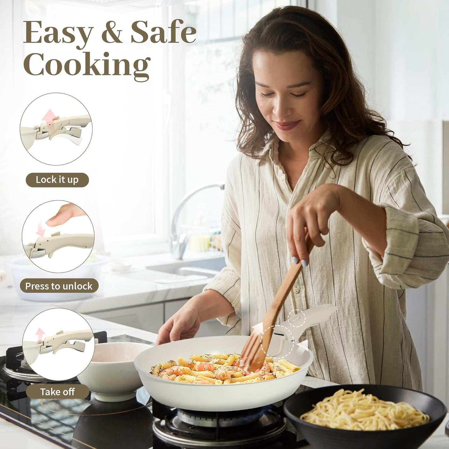 5PCS Pots and Pans Set Non Stick, Kitchen Cookware Sets with Detachable Handle, Induction Cookware Sets, Non Stick RV Cookware Cooking Set, Dishwasher ＆ Oven Safe, PFOA Free, Cream White