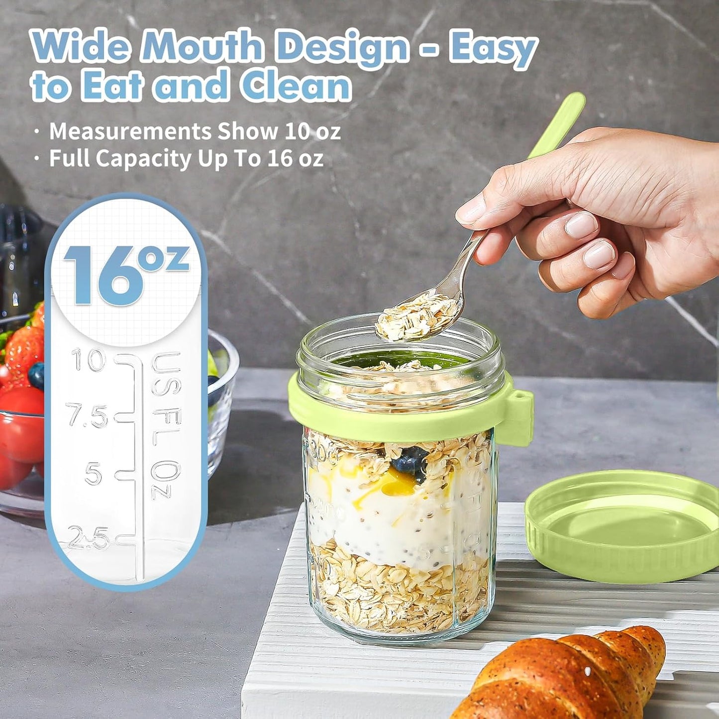 DRKIO 6 Pack Overnight Oats Containers with Lids and Spoons 16 Oz Glass Mason Jars for Overnight Oats Leak Proof Oatmeal Container Great for Cereal Fruit Vegetable Milk Salad Yogurt Meal Prep