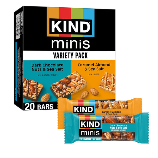 KIND Mini Snack Bars Variety Pack, Gluten Free, Low Sugar, Low Calorie Snacks, Dark Chocolate Nuts & Sea Salt, Caramel Almond & Sea Salt, 20 Count
