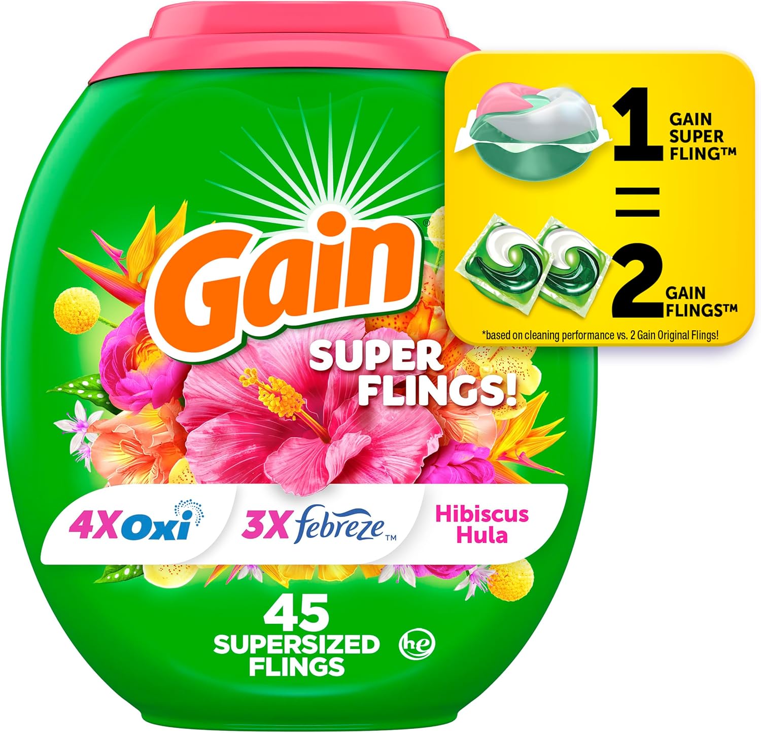 Gain Super Flings Laundry Detergent Pacs, 45 Count, Hibiscus Hula scent, irresistibly clean and fresh washing detergent laundry soap pacs