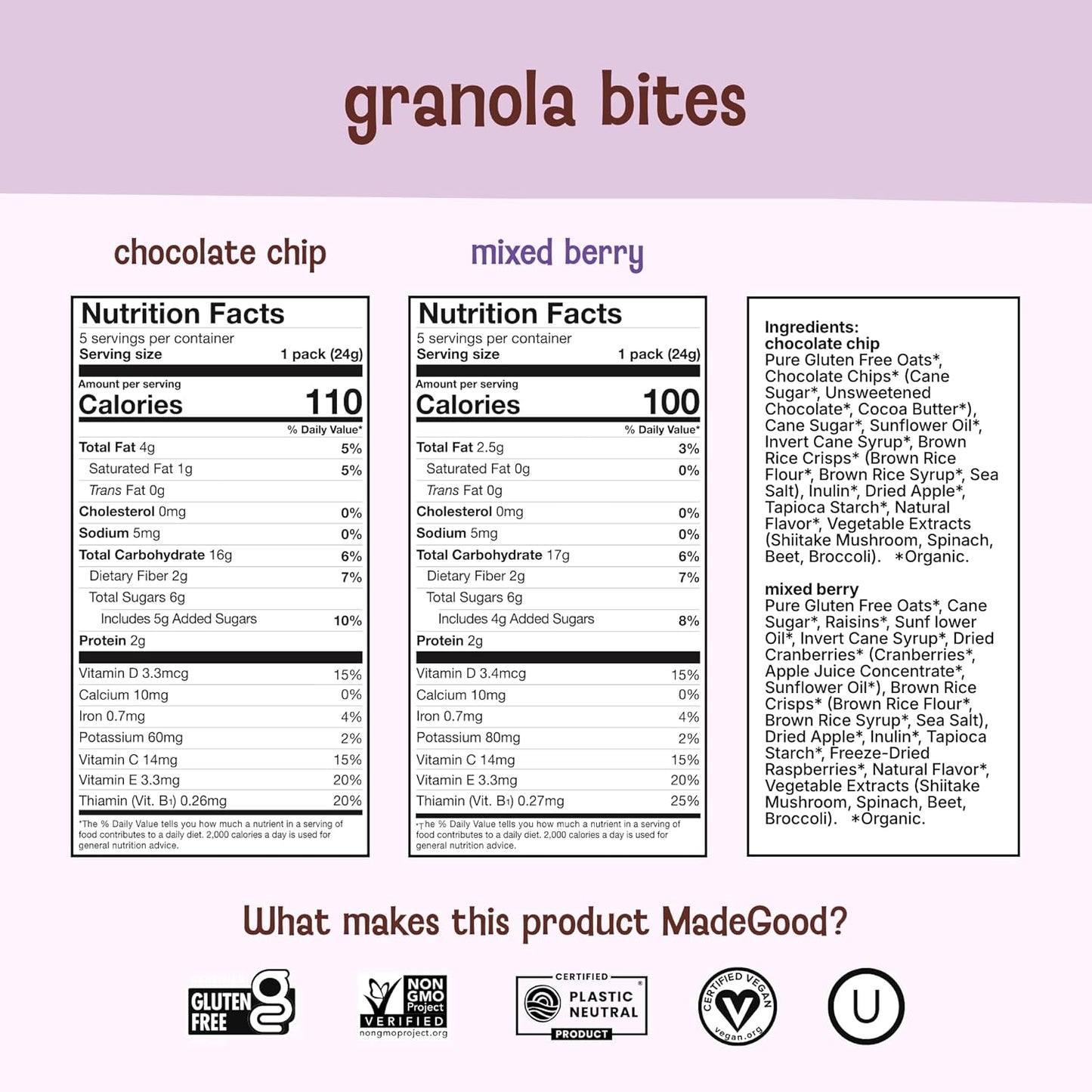 MadeGood Granola Bites Chocolate Chip & Mixed Berry Variety Pack, 28 Count, Gluten Free and Organic Snacks