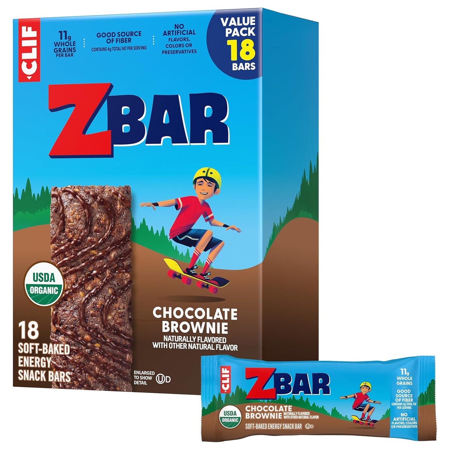 Zbar chocolate brownie soft-baked energy snack bars, non-GMO, 11g whole grains, USDA organic granola bars, 18 pack