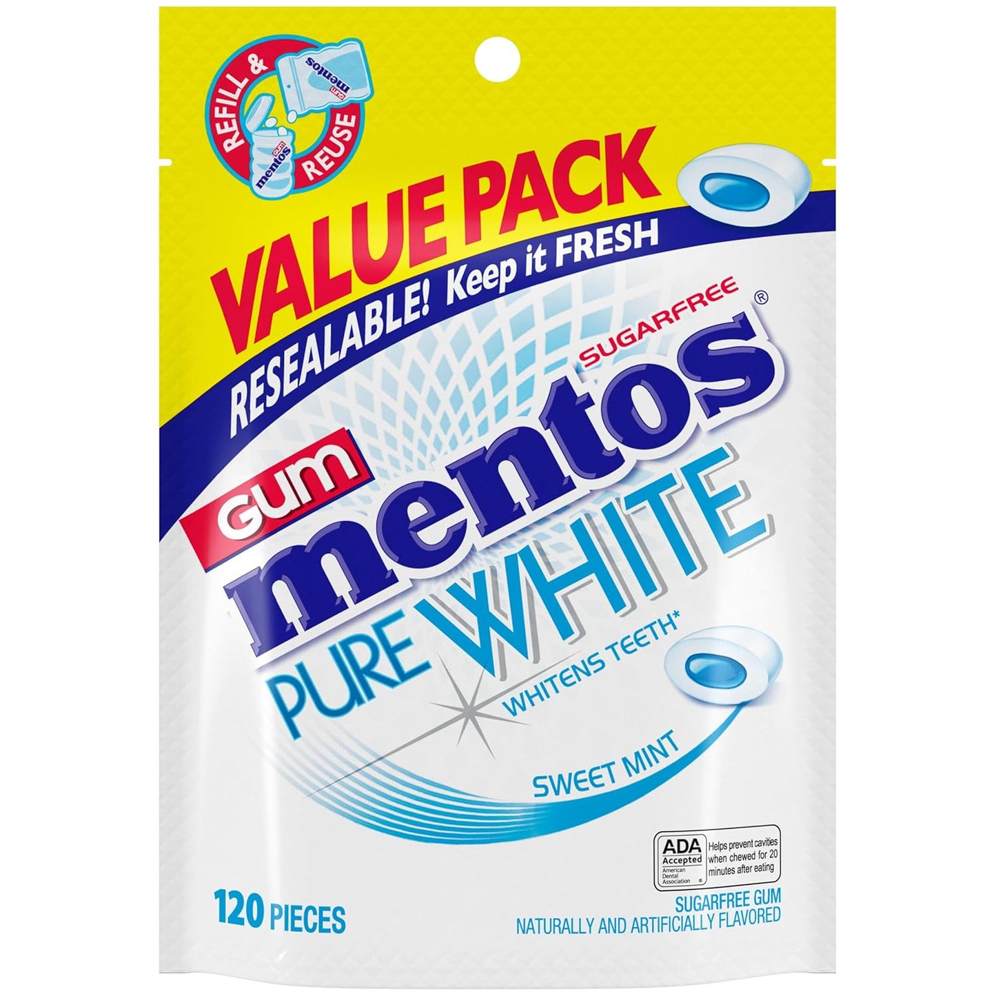 Mentos Pure White Sugar-Free Chewing Gum With Xylitol, Sweet Mint, 120 Piece Bulk Resealable Bag (Pack of 1)