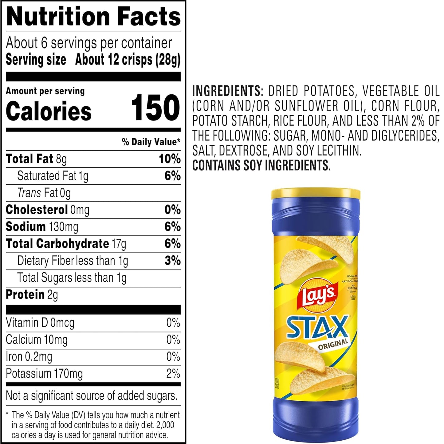 Lay’s Stax Potato Crisps Chips, Original, Gluten Free, 5.75 Oz Canister Pack