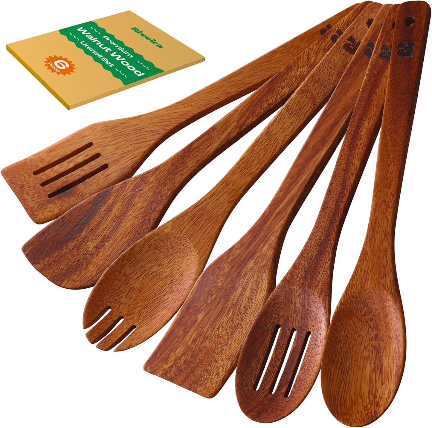 Riveira Bamboo Cooking Spoons 6-Piece – Wooden Cooking Utensils Set with Wooden Spoons for Cooking & Spatulas Wooden Utensil Sets – Premium Kitchen Utensils Set – Durable First Apartment Essentials