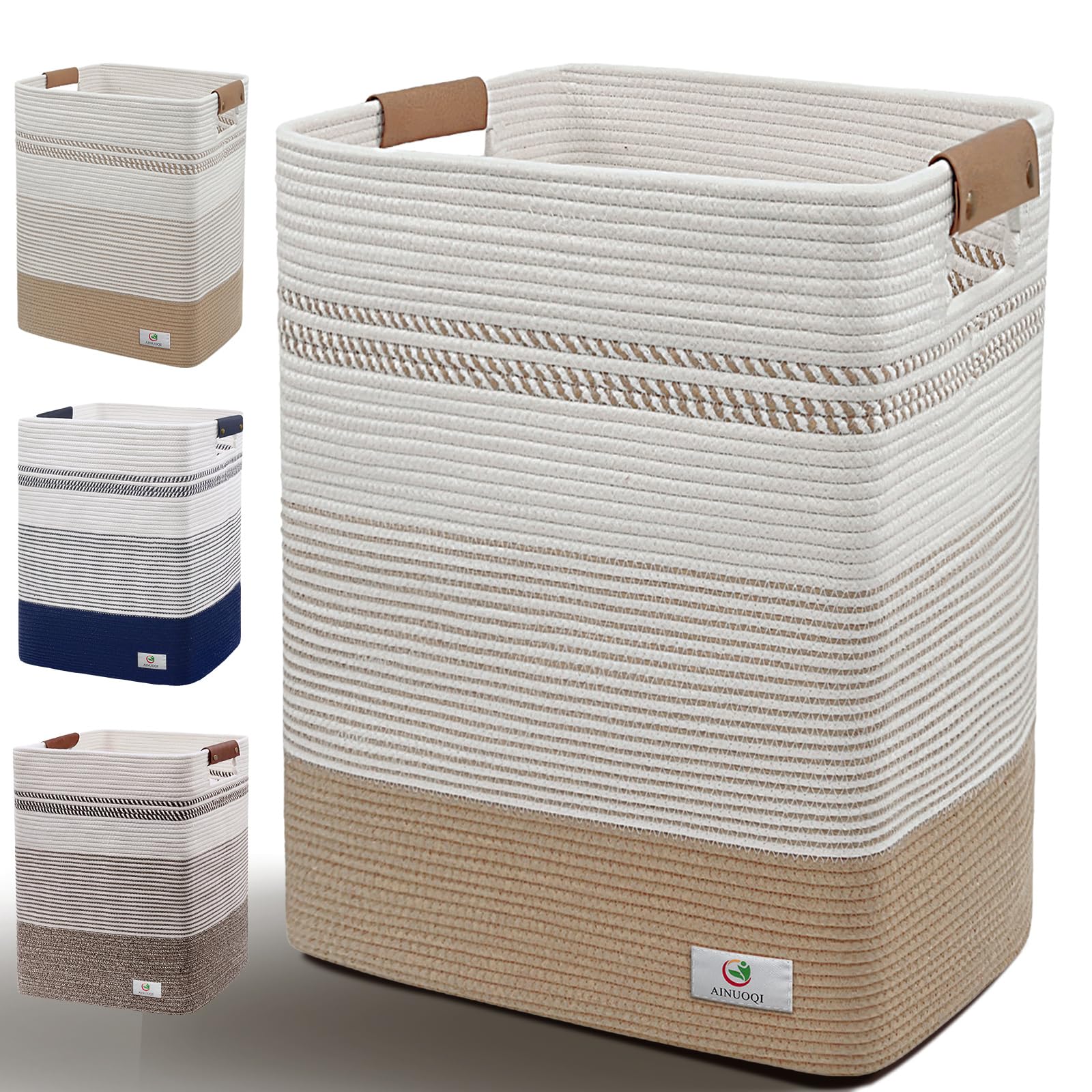 Laundry Hamper Large Laundry Basket with Leather Handles, Decorative Storage Cotton Rope Woven Basket for Blankets, Clothes Hamper for Living Room, Jute & White, 85L