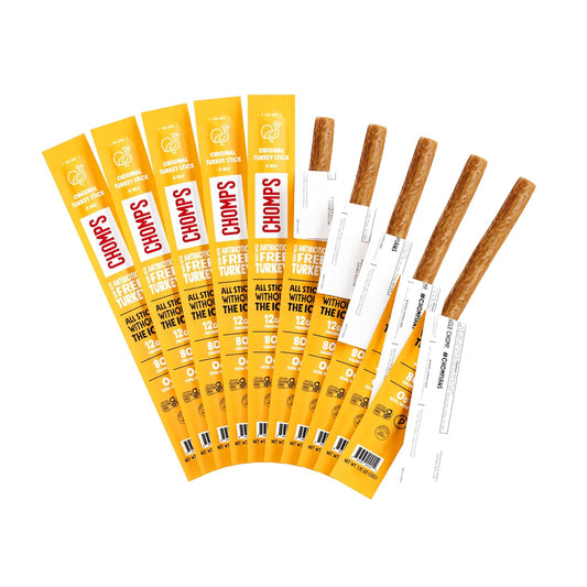 Chomps Original Turkey Jerky Meat Snack Sticks 10-Pack - Keto, Paleo, Low Carb, Whole30 Approved, 12g Lean Meat Protein, Gluten Free, Antibiotic Free, Zero Sugar Food