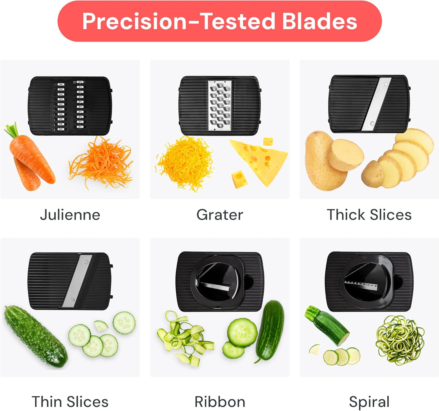 Fullstar Mandoline Slicer for Kitchen, Fruit Cutter, Cheese Grater, Cucumber Slicer, Veggie Spiralizer, Food Cutter & Kitchen Gadgets & Gifts with Safety Glove (6 in 1, White)