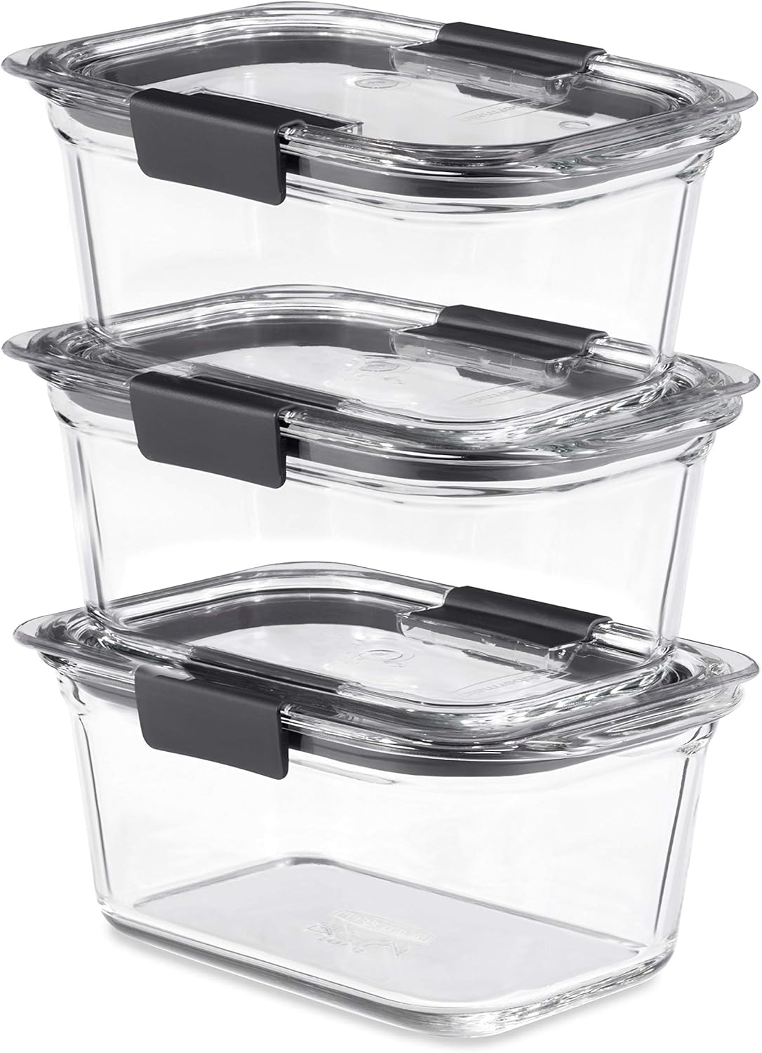 Rubbermaid Brilliance Glass Food Storage set of 4 containers 8 total pieces (4 containers + 4 lids) for Lunch Meal Prep and Leftovers Dishwasher and Oven Safe Clear/Grey