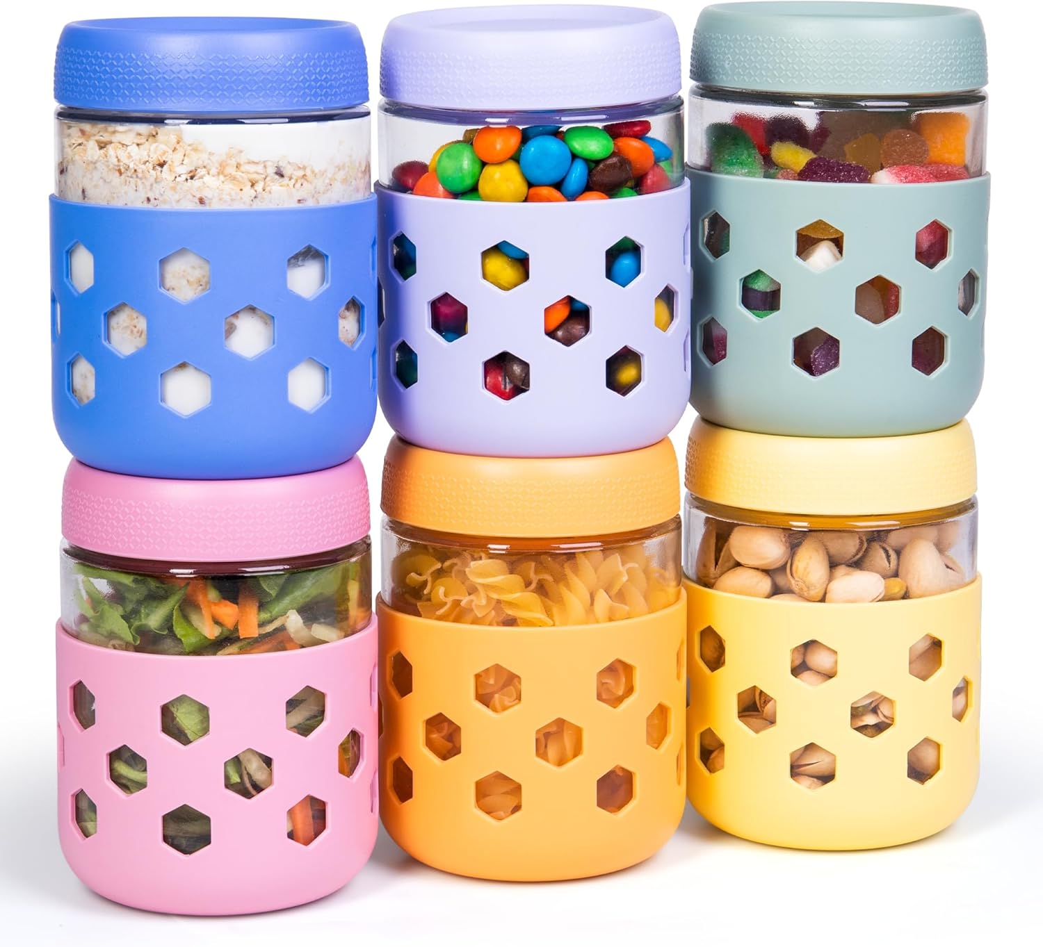 Gemice 6-Pack 16 oz Overnight Oats Containers with Lids and Silicone Sleeves, Glass Mason Jars with Airtight Lid, Dishwasher Safe, Wide Mouth Chia Seed Pudding Meal Prep Jar for Yogurt Berries Snack