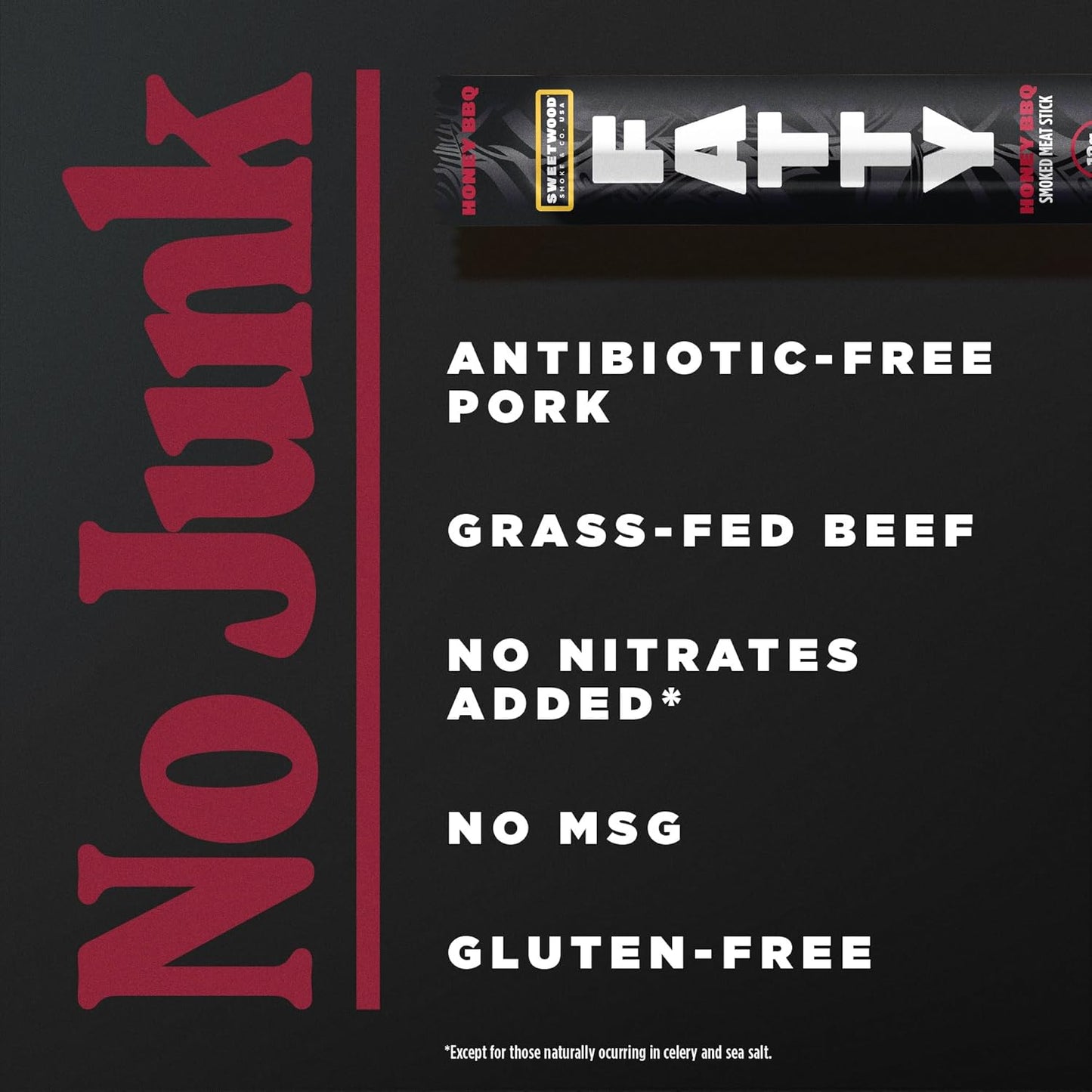 FATTY Meat Sticks, Made with Grass Fed Beef, Pork Raised Without Antibiotics, 12g Protein Per Stick, Honey BBQ, 2 oz. (Pack of 5)