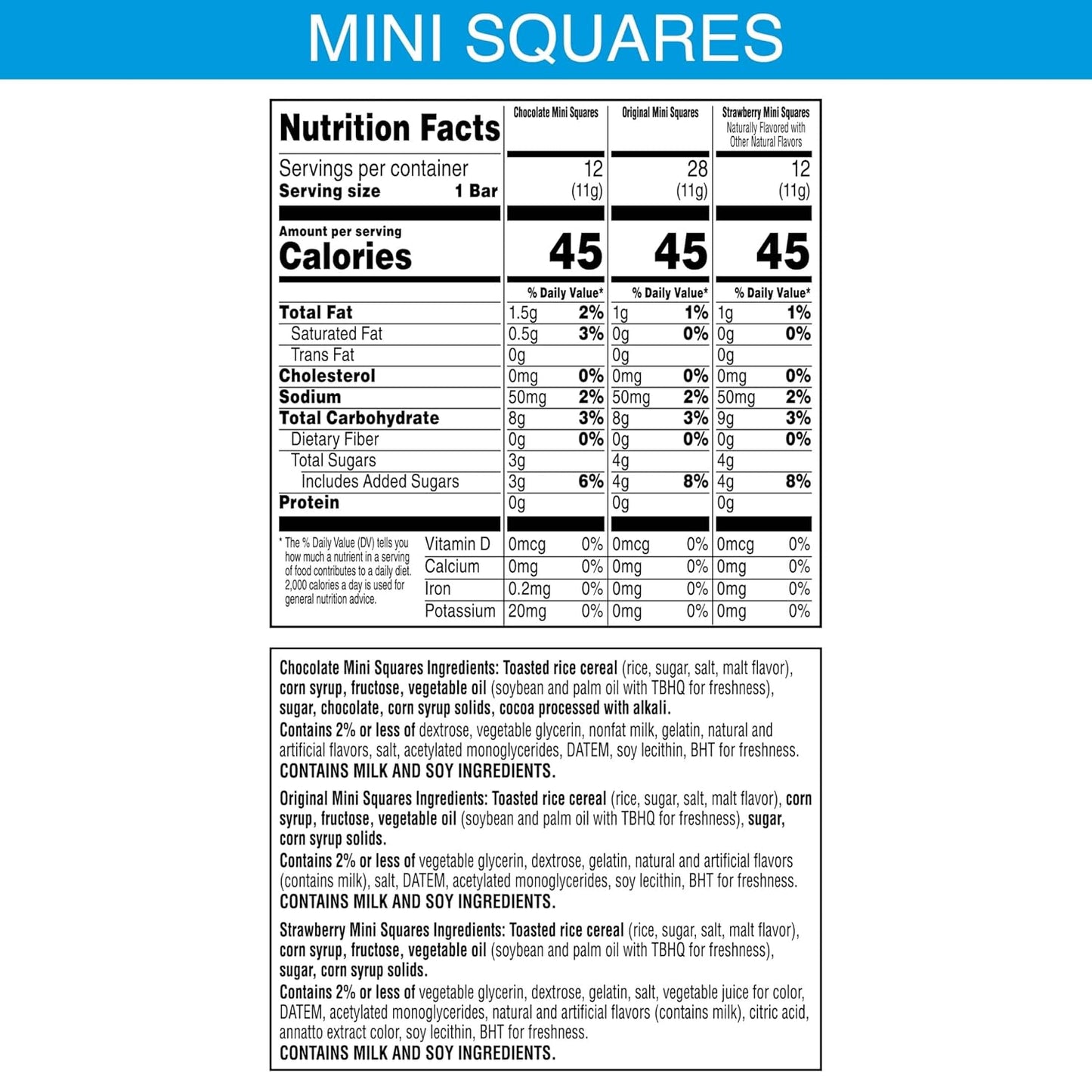 Rice Krispies Treats Mini Crispy Marshmallow Squares, Kids Snacks Box, Cereal Bars, Variety Pack (52 Bars)