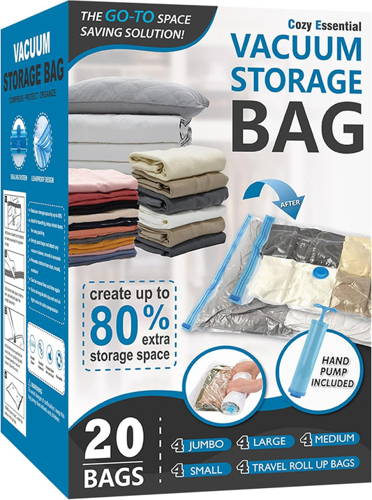20-Pack Vacuum Storage Bags with Hand Pump – Space Saver Bags for Comforters, Blankets & Clothes