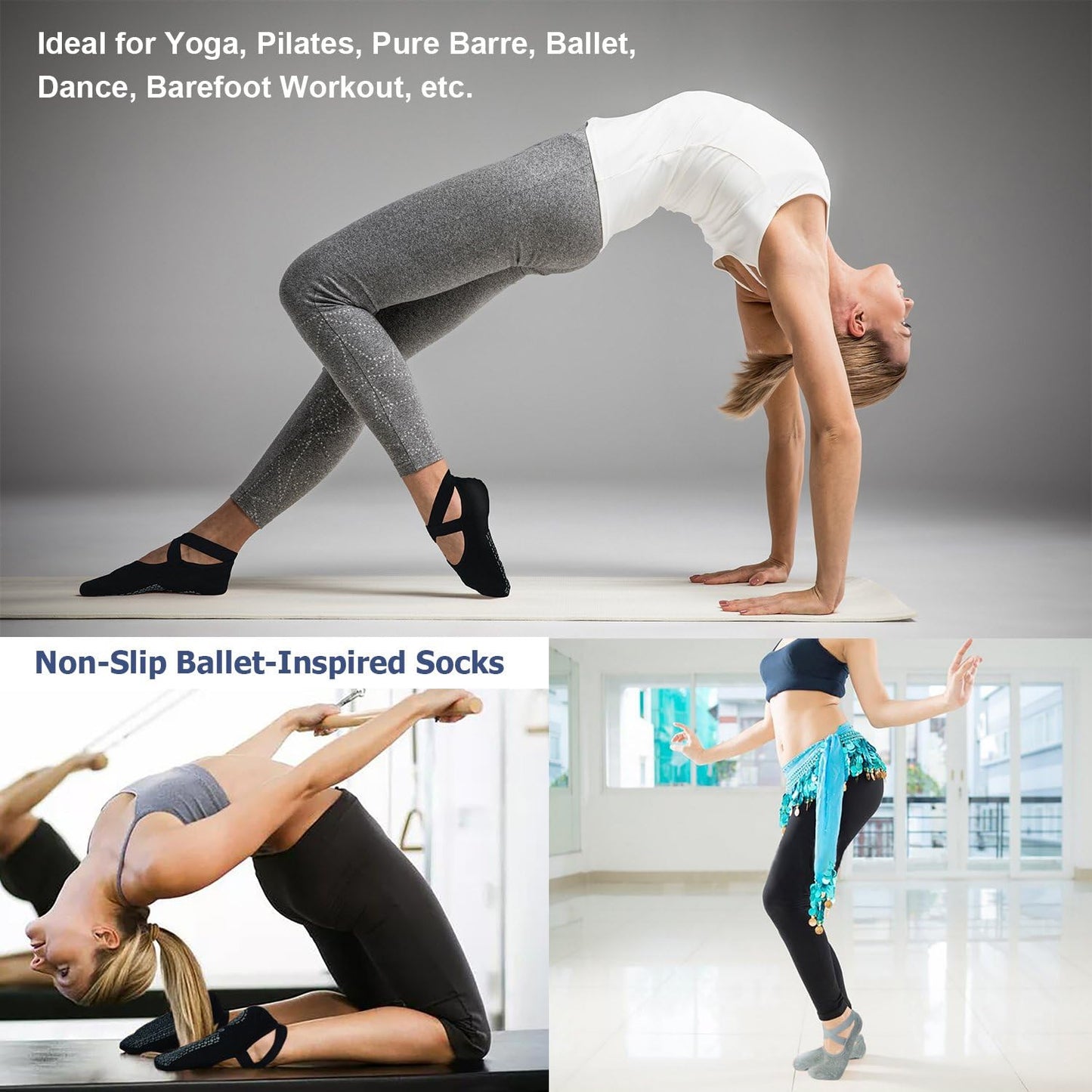 Ozaiic Yoga Socks for Women Non-Slip Grips & Straps, Ideal for Pilates, Pure Barre, Ballet, Dance, Barefoot Workout